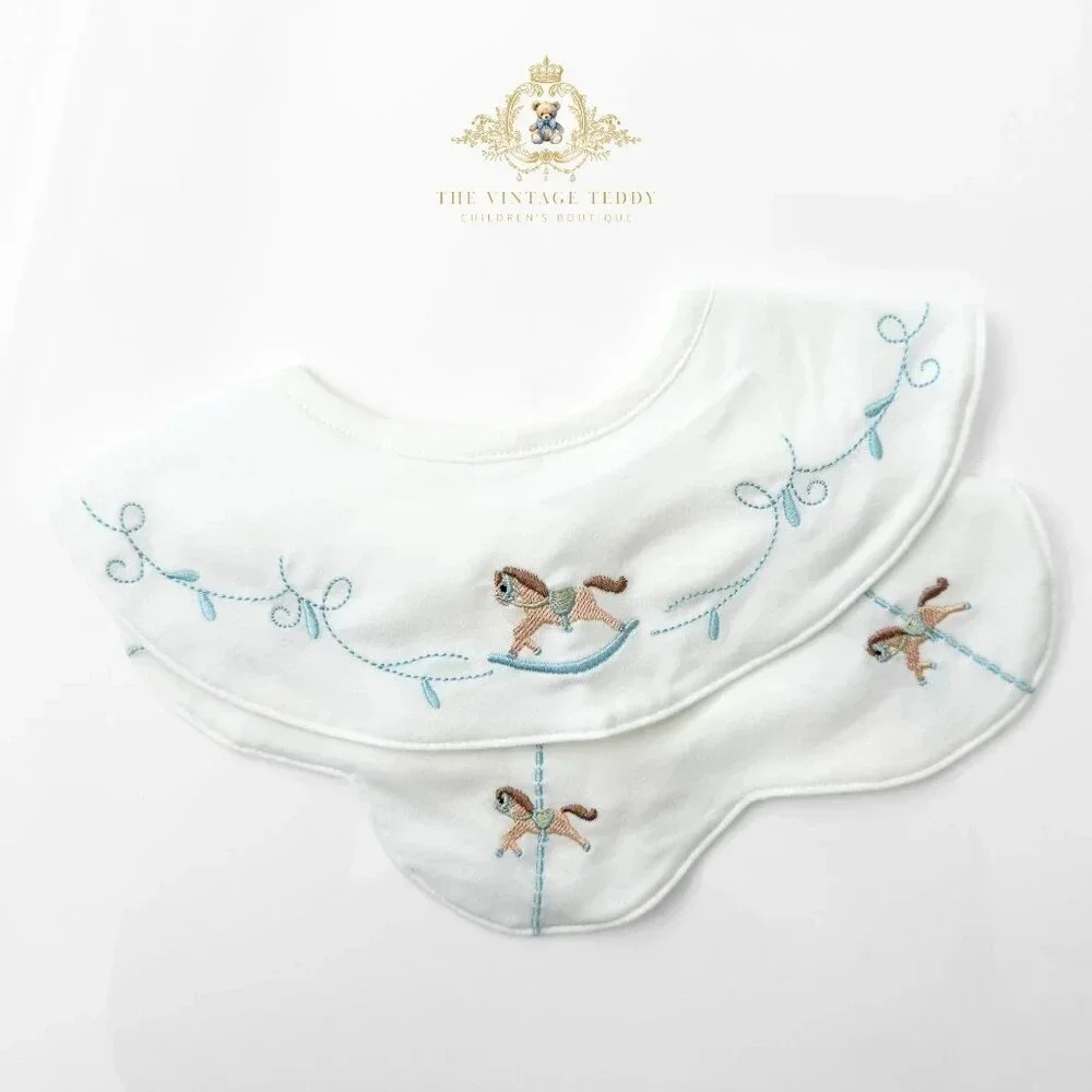 NWT Lovely Boutique Embroidered Baby Bibs Rocking /Carousel Horse & Toy Gift Set